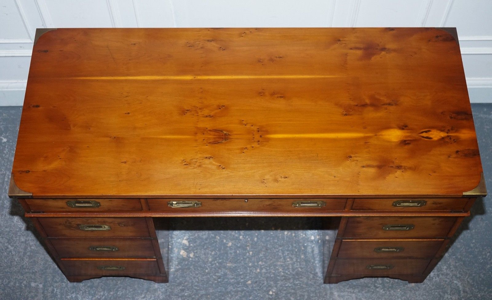 Furniture Vintage Military Campaign Yew Wood Twin Pedestal Desk photo