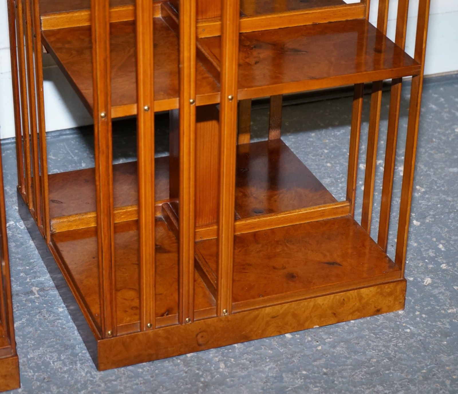 Restored Pair Of Antique Style Sheraton Revival Burr Walnut Bookcases Side Table photo vinterior