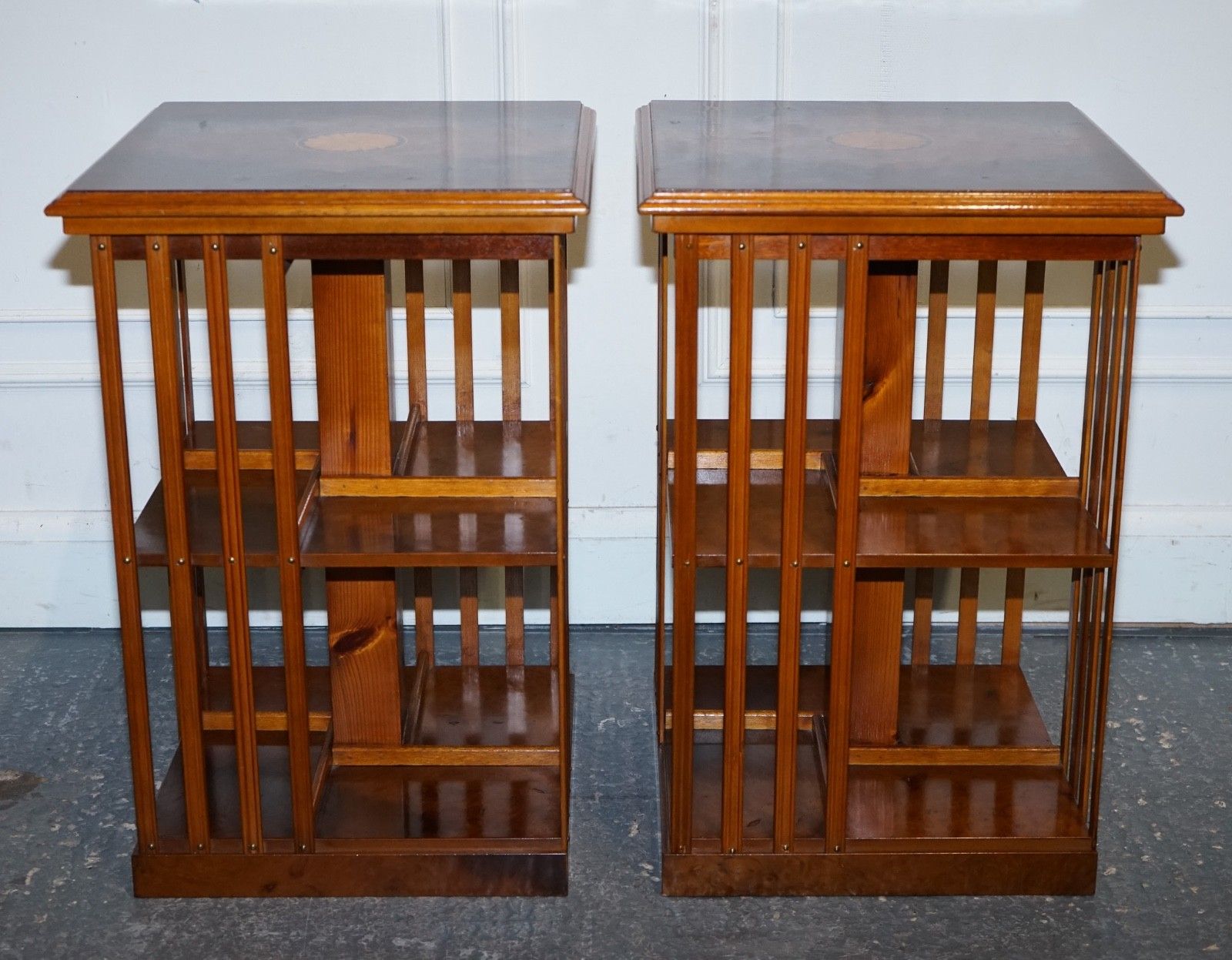 Restored Pair Of Antique Style Sheraton Revival Burr Walnut Bookcases Side Table photo vintage