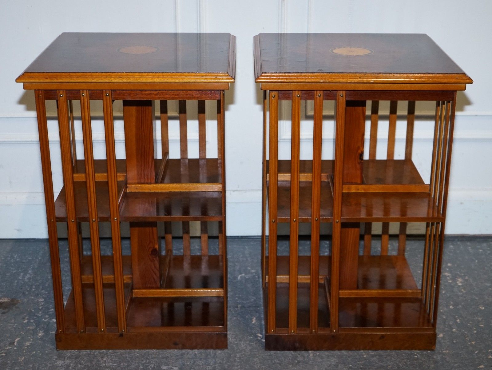 photo furniture Restored Pair Of Antique Style Sheraton Revival Burr Walnut Bookcases Side Table