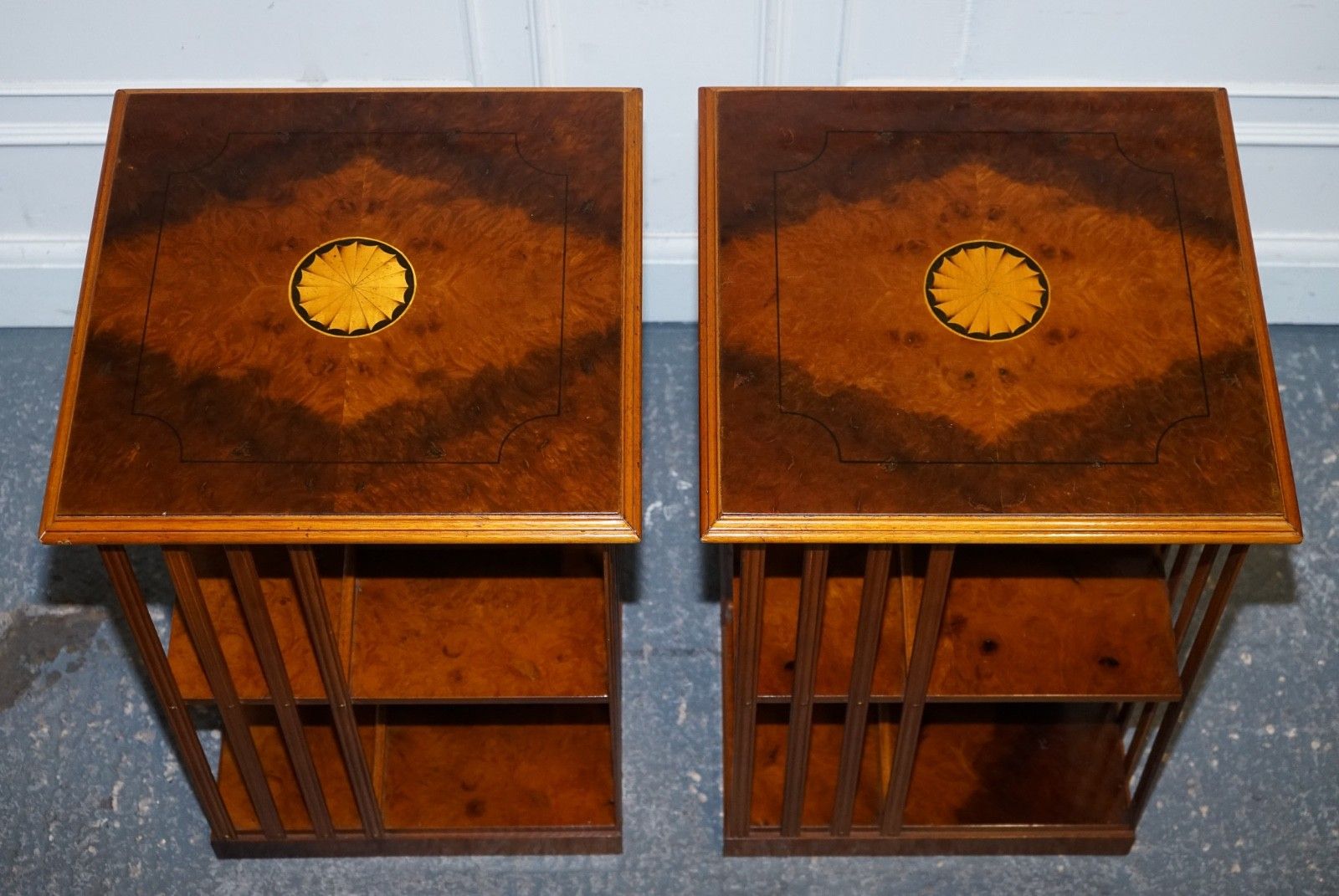 photo vinterior Restored Pair Of Antique Style Sheraton Revival Burr Walnut Bookcases Side Table