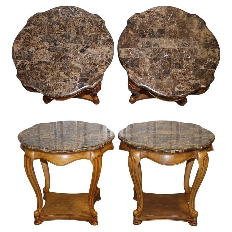 Vintage Pair Of French Style Side Lamp Tables With Faux Marble Tops
