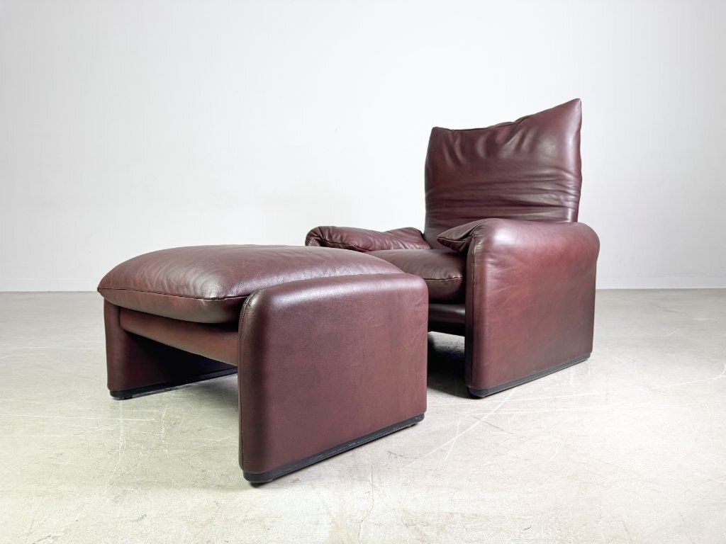 2x Cassina Maralunga Armchair + Ottoman Vico Magistretti Leather Brown photo for sale