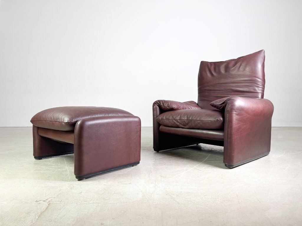 2x Cassina Maralunga Armchair + Ottoman Vico Magistretti Leather Brown photo Furniture