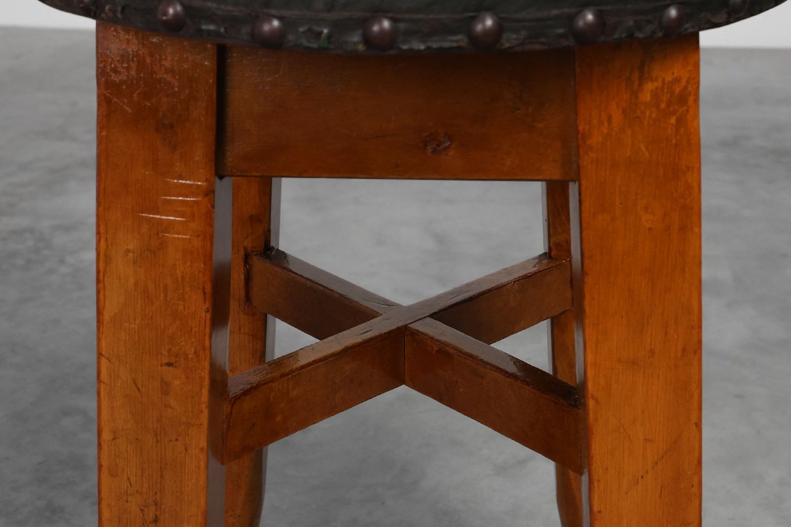photo furniture Early Art Deco Arts & Crafts Oak & Leather Stool, France, 1920s