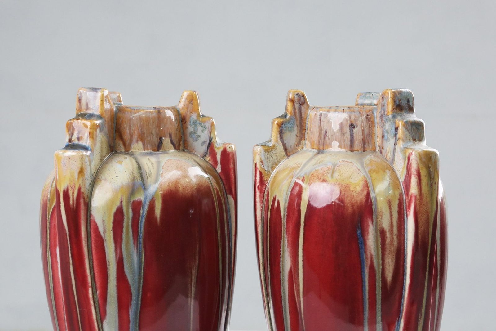 Art Deco Sculptural Glazed Ceramic Vases, Belgium, 1930s, Set Of 2 photo buy