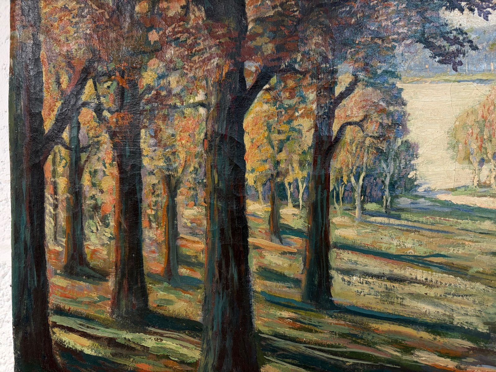 Large Vintage Impressionist Oil Painting.  Woodland Scene With Lake.  Signed By Unidentified Artist. photo for sale