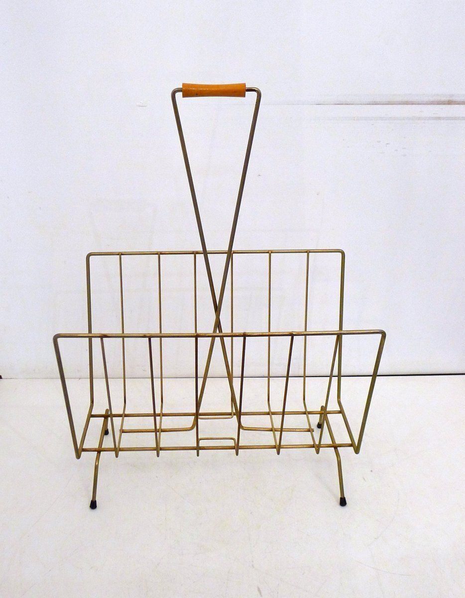 Mid Century Modern Magazine Rack In Gilt Metal And Wooden Handle, 1950s photo furniture