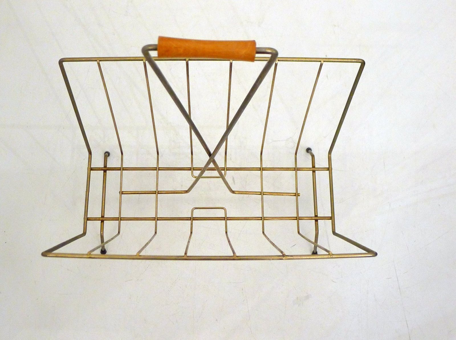 Mid Century Modern Magazine Rack In Gilt Metal And Wooden Handle, 1950s photo Home Decor