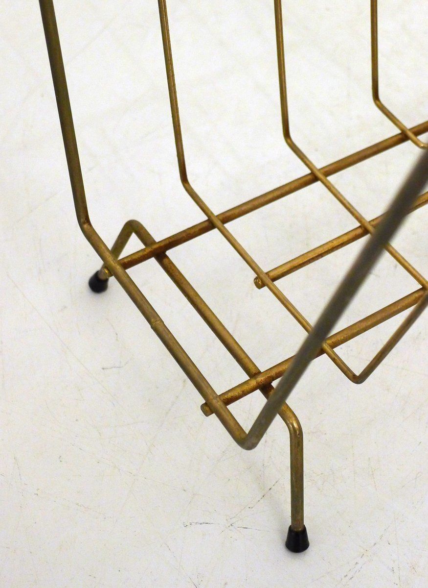 photo for sale Mid Century Modern Magazine Rack In Gilt Metal And Wooden Handle, 1950s