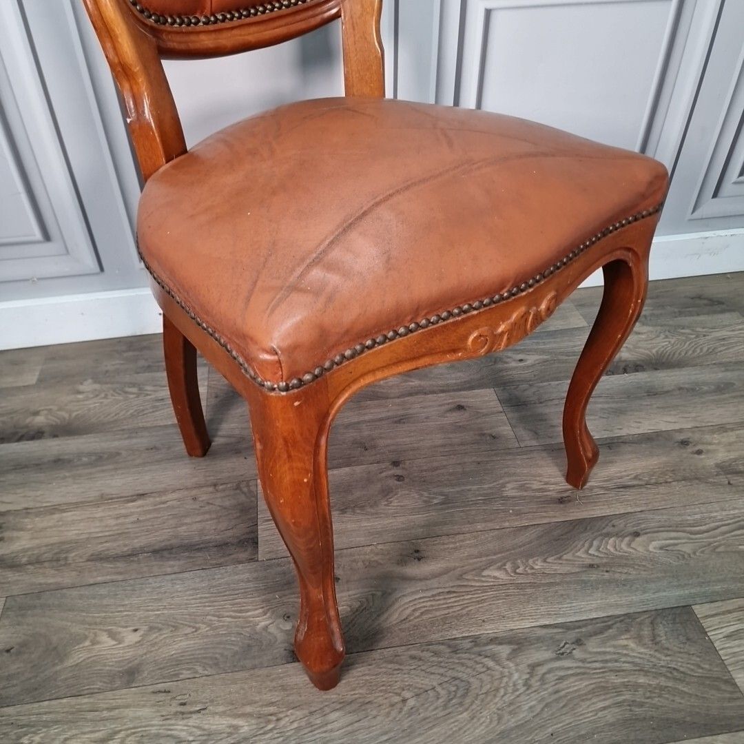 Antique Button Back Chair Wood Carved Leather Tan French Louis Bedroom photo for sale