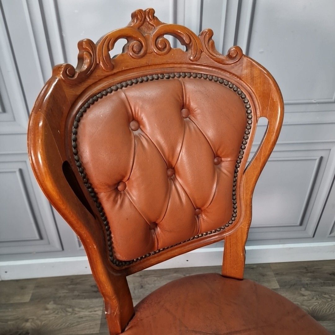 Furniture Antique Button Back Chair Wood Carved Leather Tan French Louis Bedroom photo
