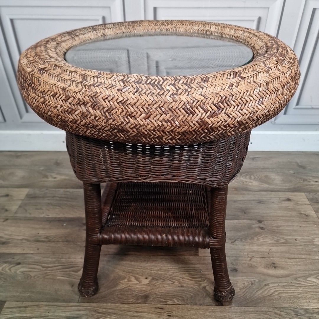 Retro Coffee Side Table Vintage Rattan Wicker Round Glass Top Boho Shelf photo for sale