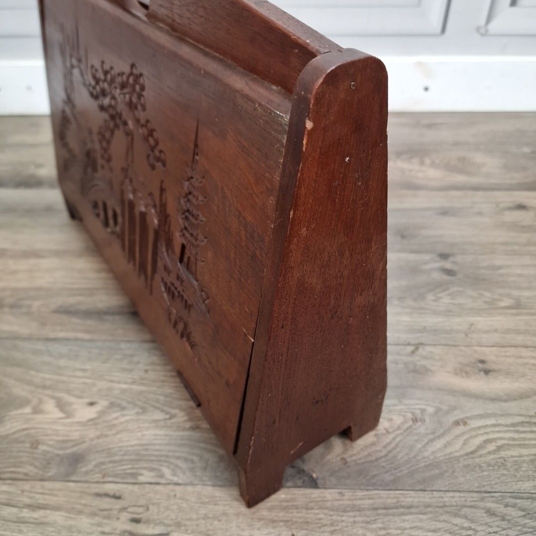 Home Decor Vintage Magazine Letter Rack Oriental Carved Pagoda Scene Storage Teak Retro photo