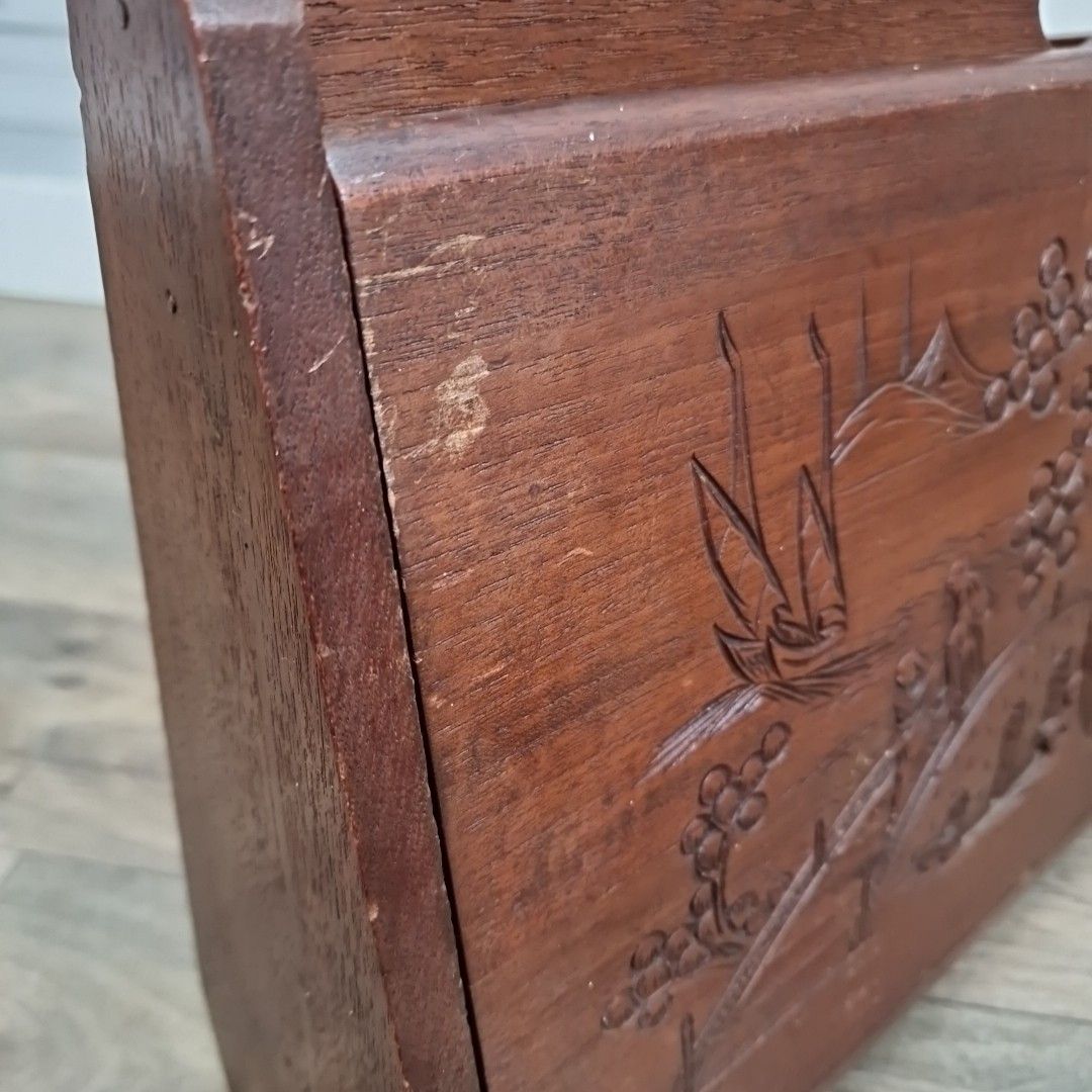 60.0 Vintage Magazine Letter Rack Oriental Carved Pagoda Scene Storage Teak Retro photo