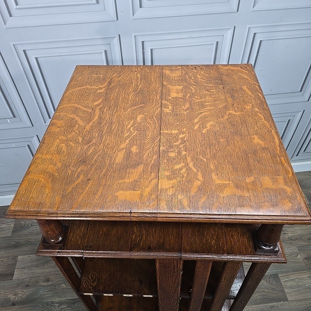 Furniture Antique Oak Revolving Bookcase – Large Library Shelf Table Victorian Solid Wood photo