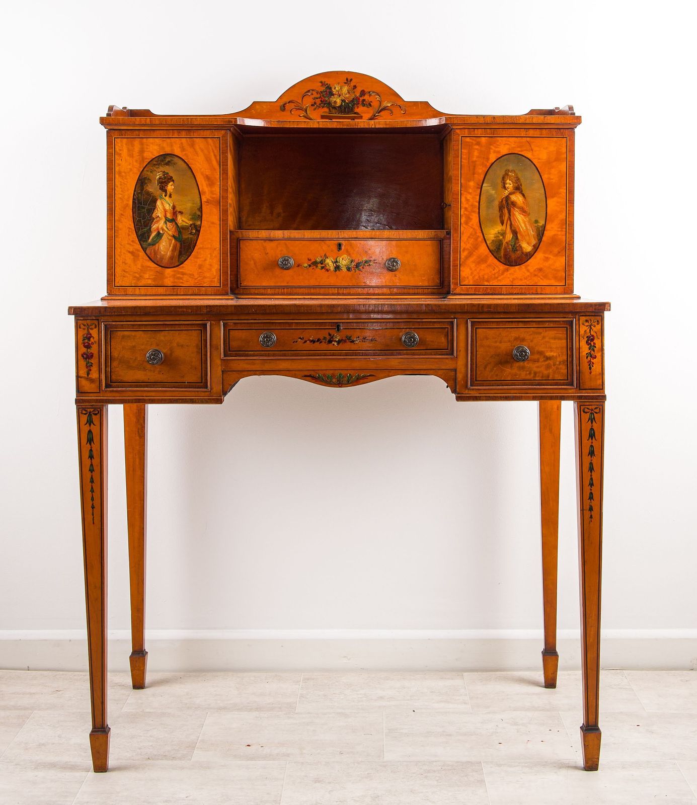 Edwardian Satinwood Bonheur Du Jour, Hand Painted Portrait Panels, Writing Desk C.1900 photo furniture