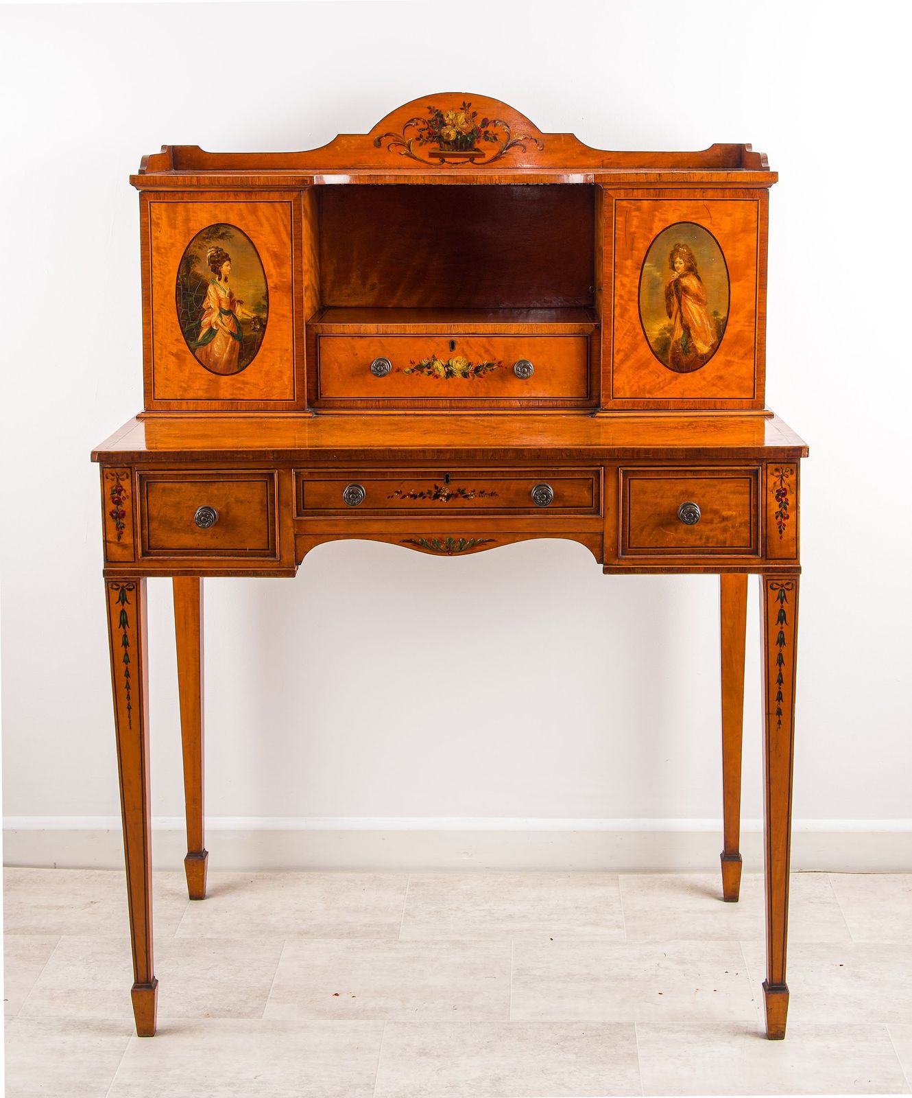 Edwardian Satinwood Bonheur Du Jour, Hand Painted Portrait Panels, Writing Desk C.1900
