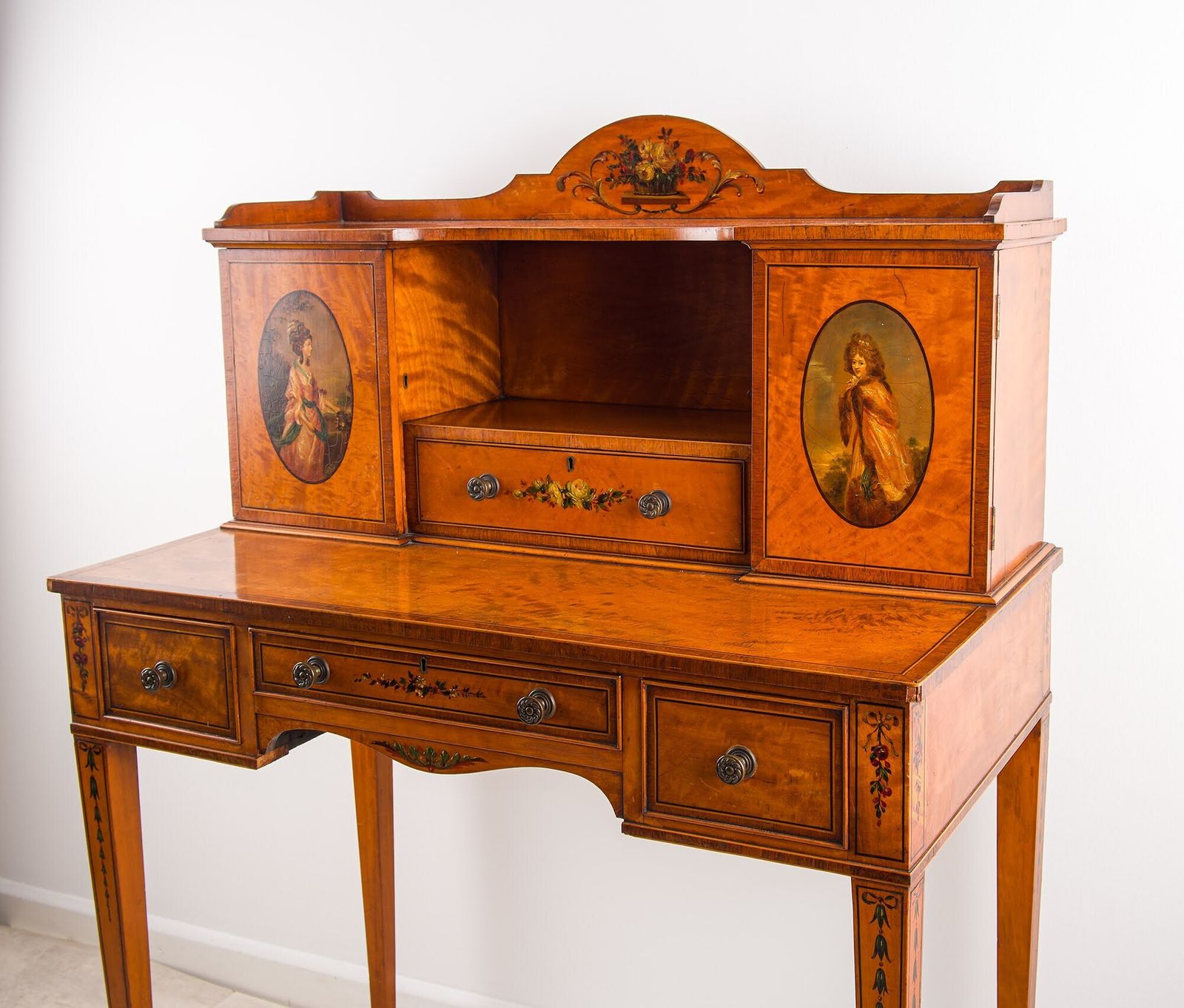 Edwardian Satinwood Bonheur Du Jour, Hand Painted Portrait Panels, Writing Desk C.1900 photo 3250.0