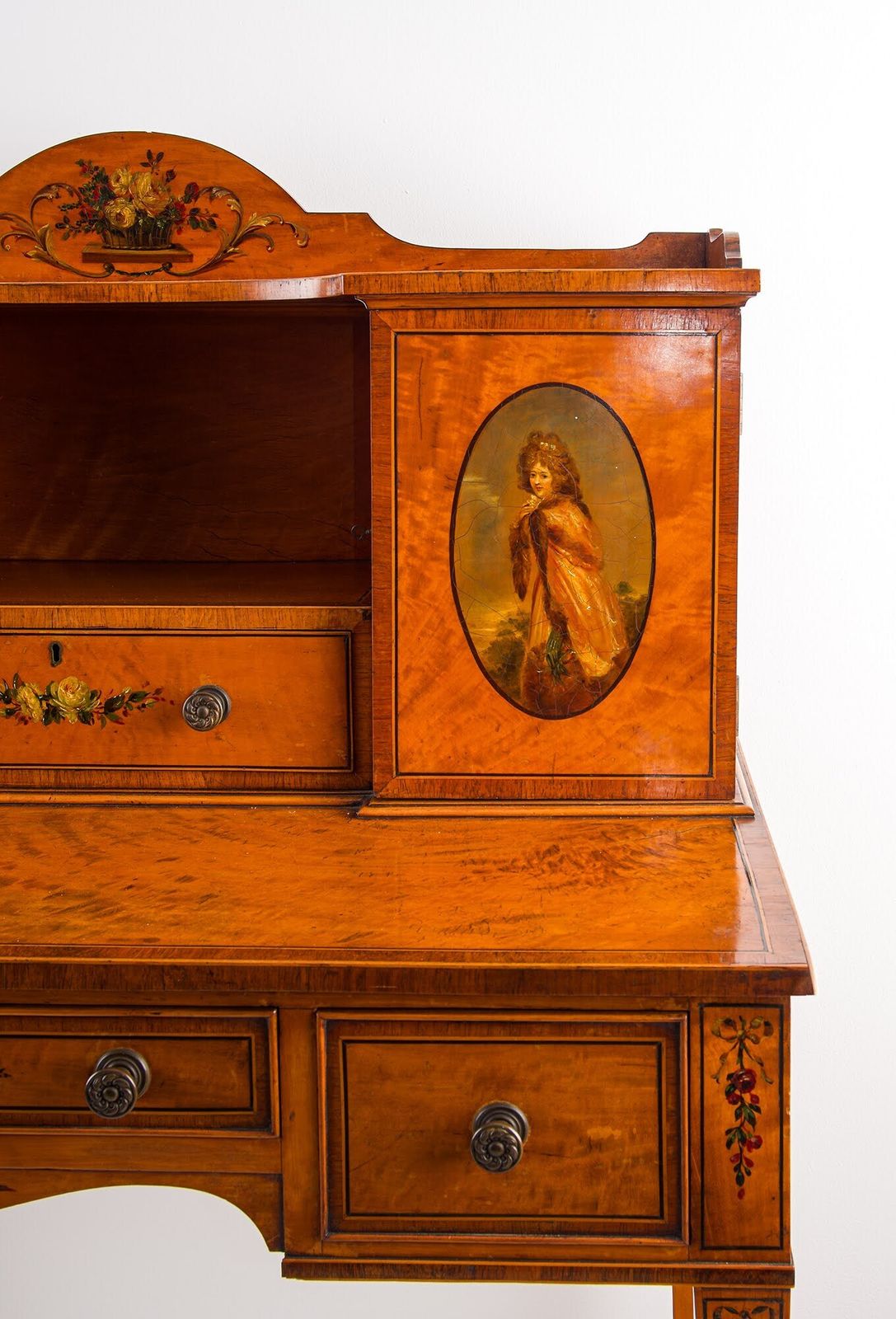 Edwardian Satinwood Bonheur Du Jour, Hand Painted Portrait Panels, Writing Desk C.1900 photo buy