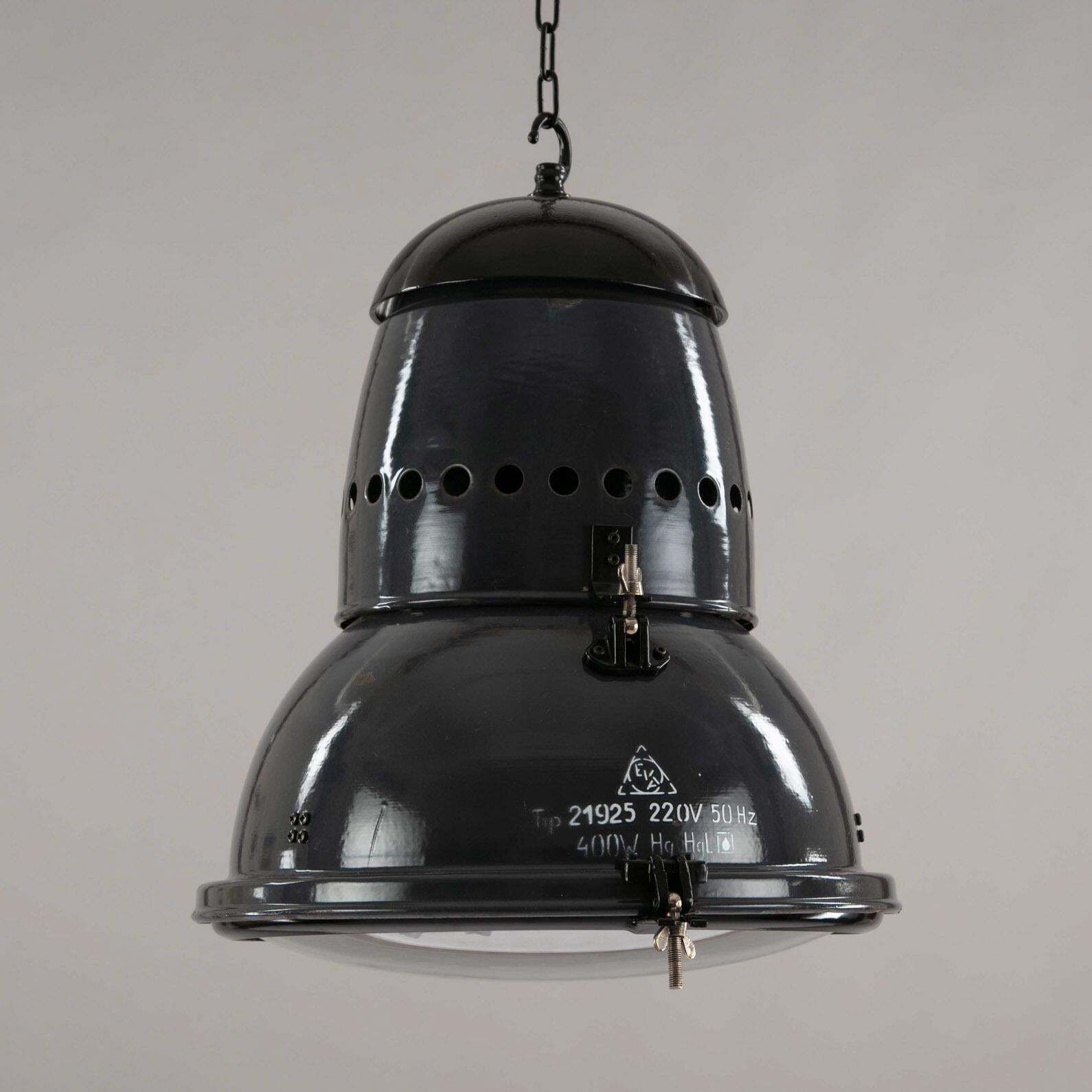 1950s Hungarian Large Black Vitreous Enamel Industrial Railway Pendant Light photo Lighting