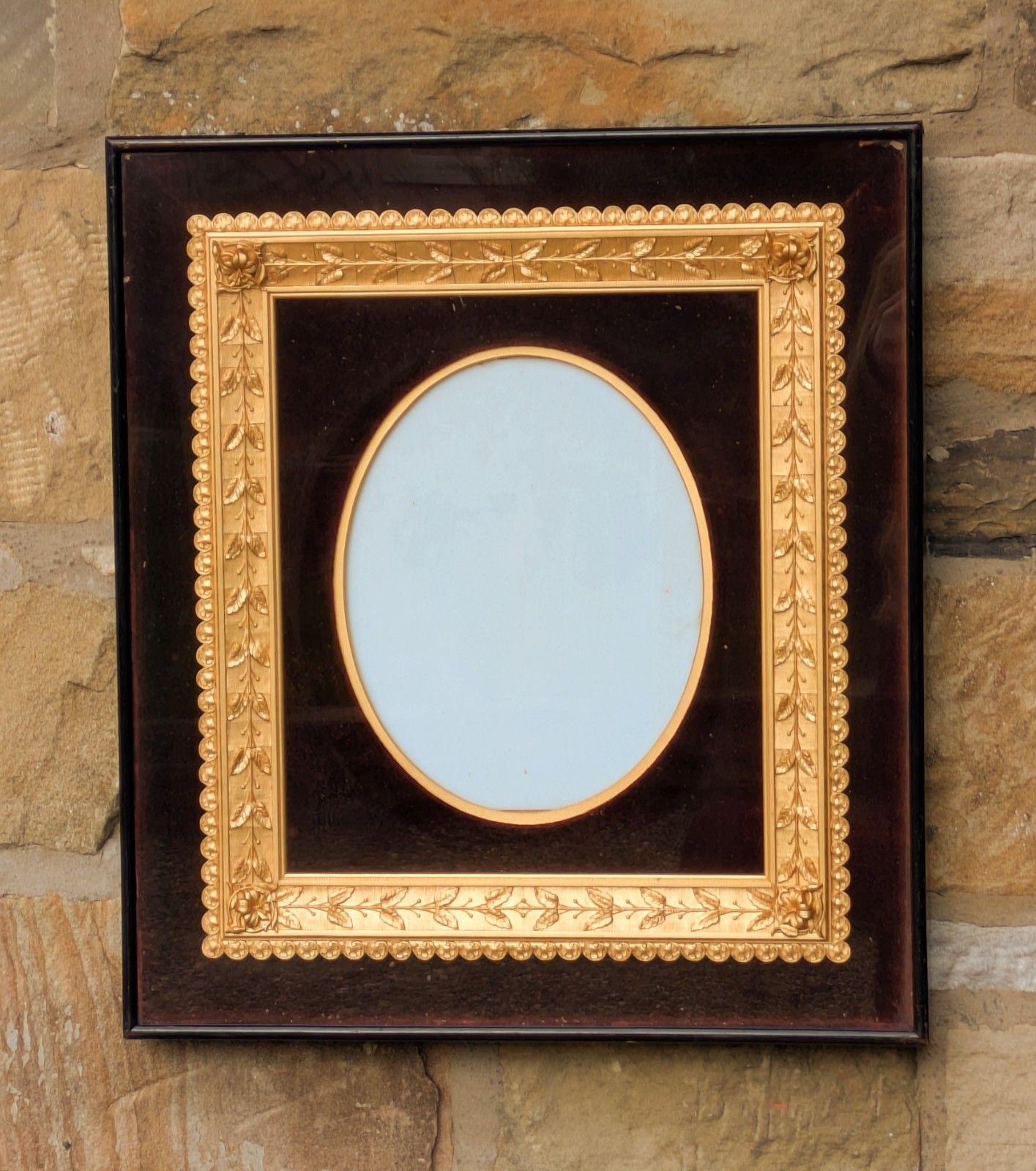 Rare Victorian Oval Gilt Frame Deep Glazed Box Ebony Velvet Mount  (I)