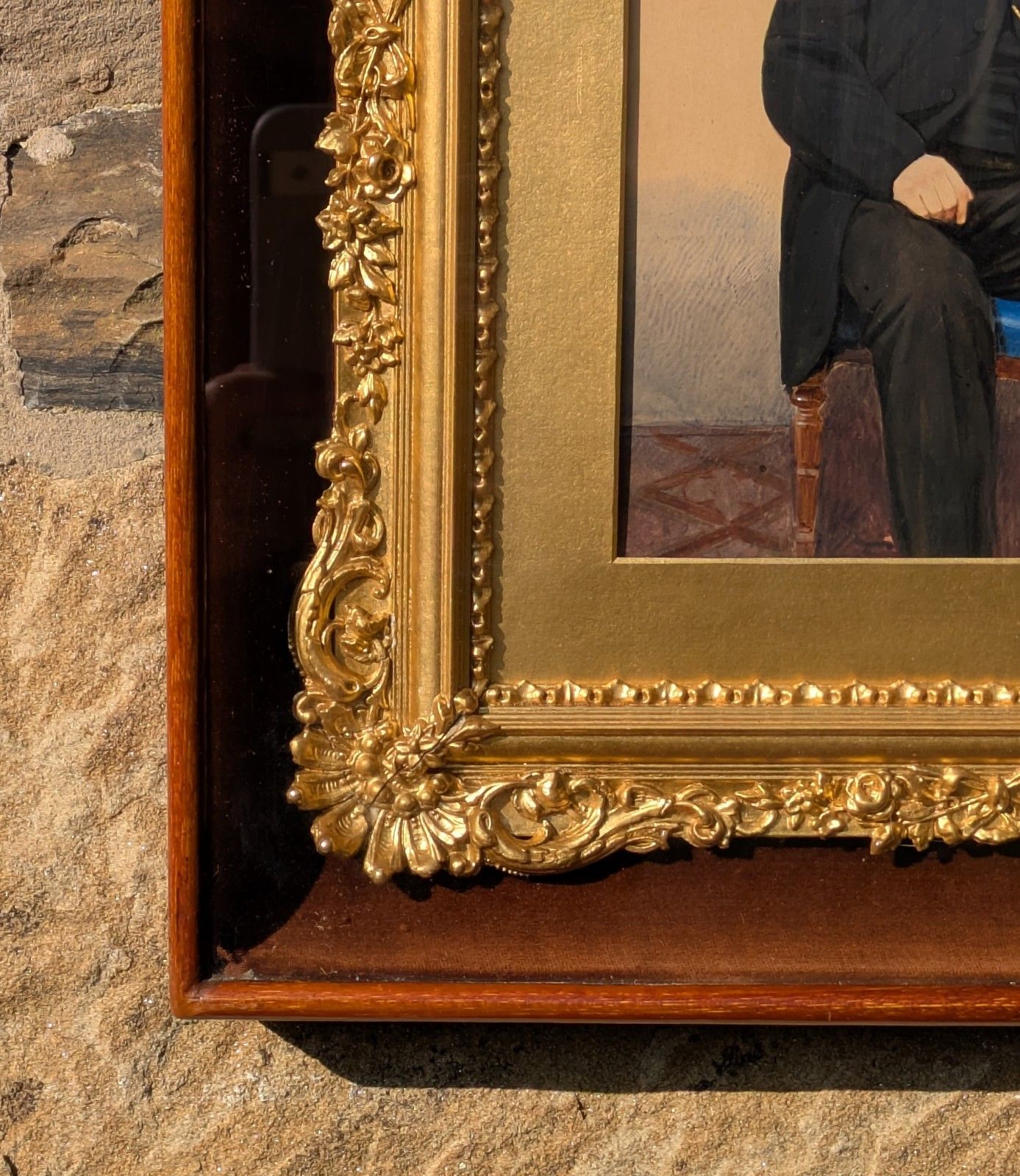 Rare Victorian Gilt Frame Deep Glazed Box Velvet Mount With Portrait  (Q) photo vinterior
