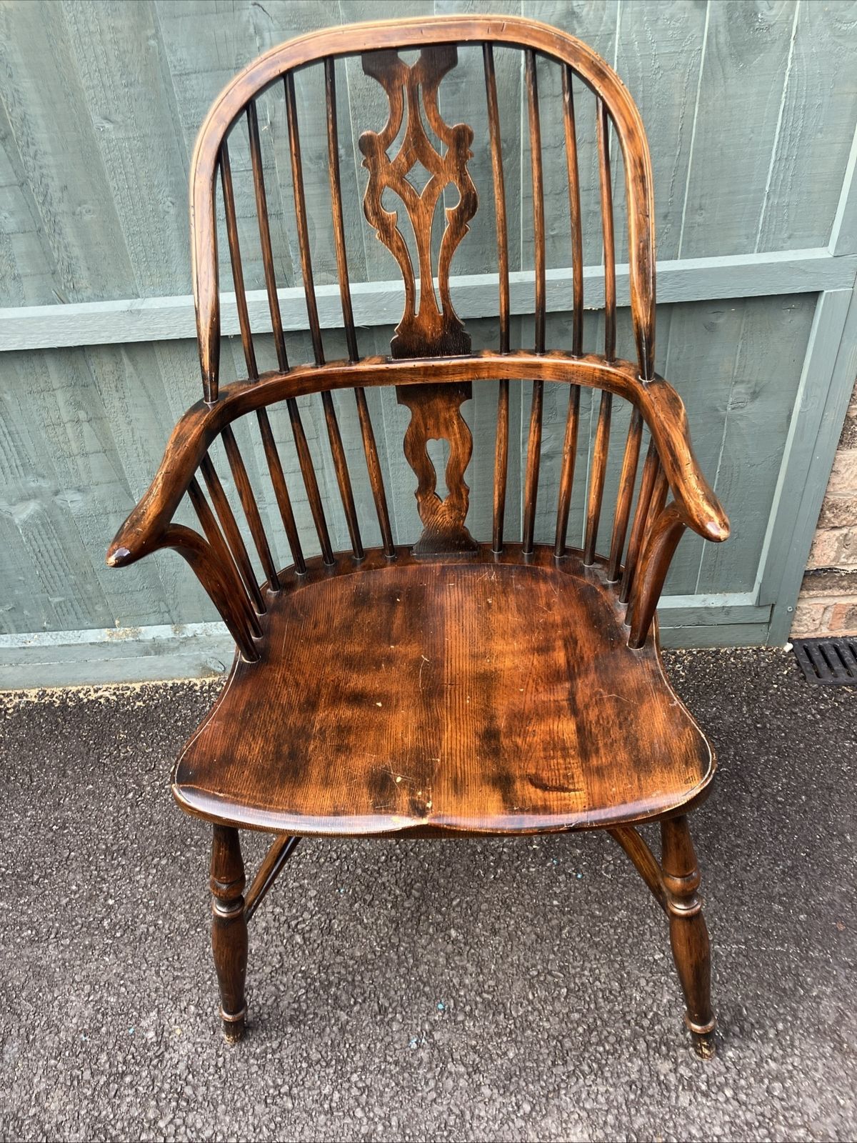 Stick & Hoop Fiddle Back Windsor Arm Chair Turned Legs Crinoline Stretcher