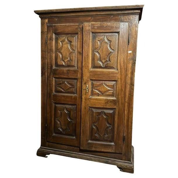Two Door Solid Walnut Closet, Carved In Panels, Italy