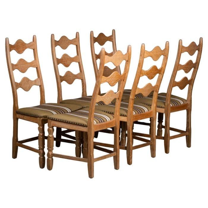 Set Of 6 Brutalist Oak Dining Chairs By Henning Kjærnulf 1960s