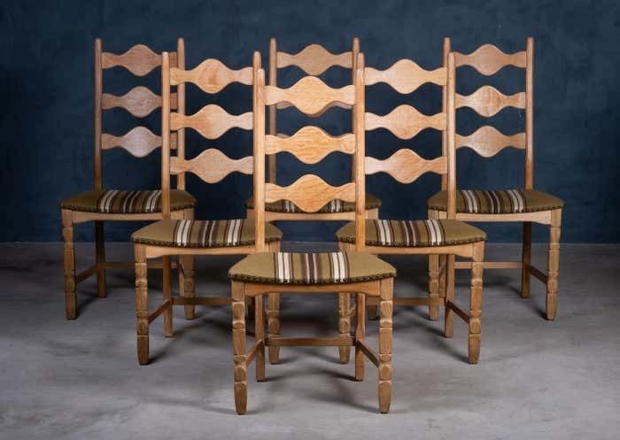 Set Of 6 Brutalist Oak Dining Chairs By Henning Kjærnulf 1960s photo furniture
