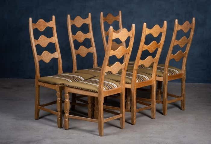 Set Of 6 Brutalist Oak Dining Chairs By Henning Kjærnulf 1960s photo Furniture