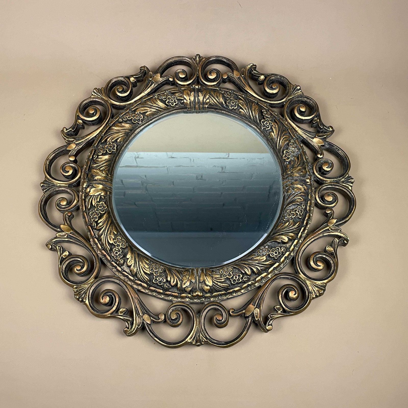 Aisonia Gold Round Mirror Ornate Hollywood Regency Wood Resin Frame Rococo Baroque Style Convex Decorative Hallway Made In England