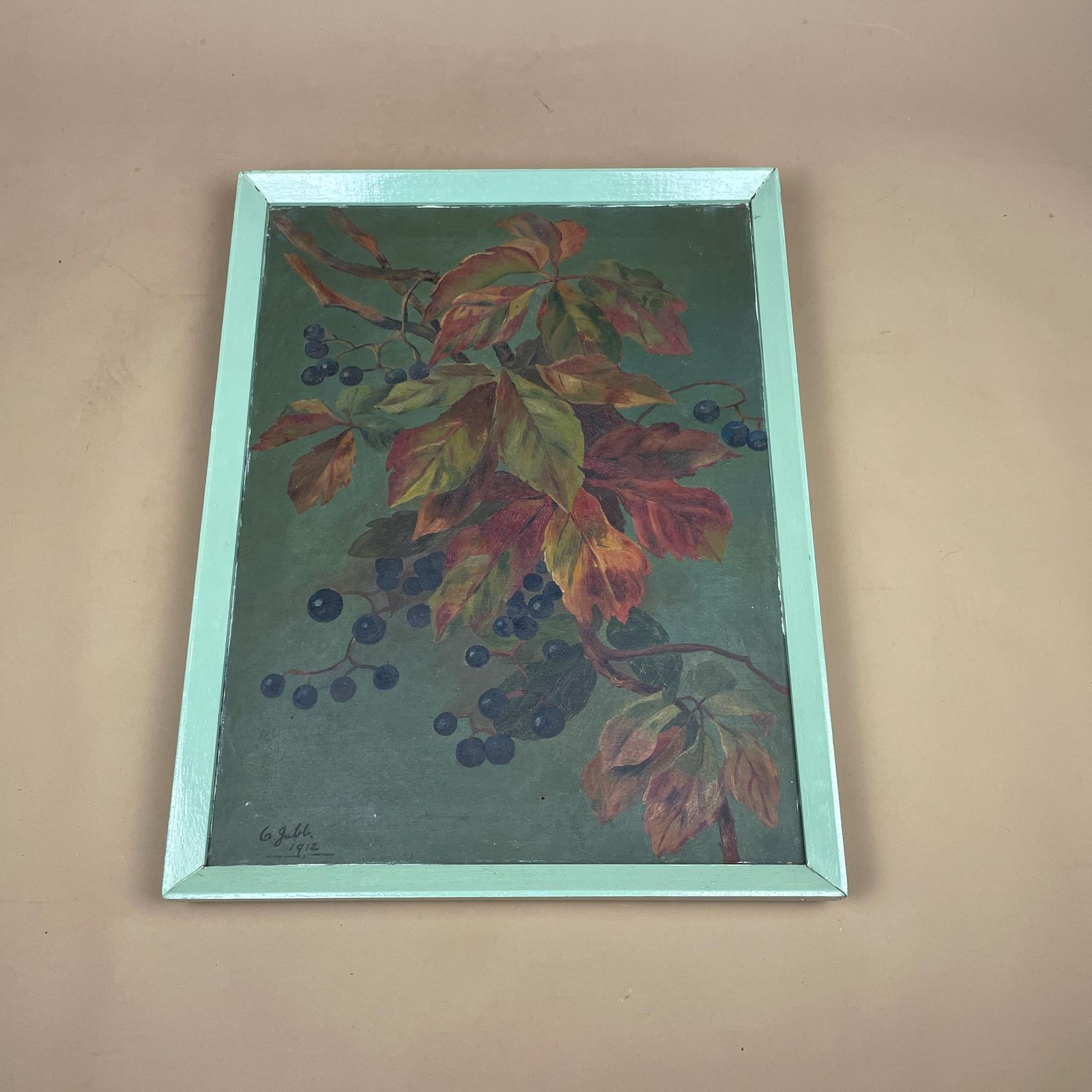 Antique Oil Painting 1912 Signed Gull Leaves Berries Framed Original Autumn Botanical Picture Still Life Art Original Artwork Portrait