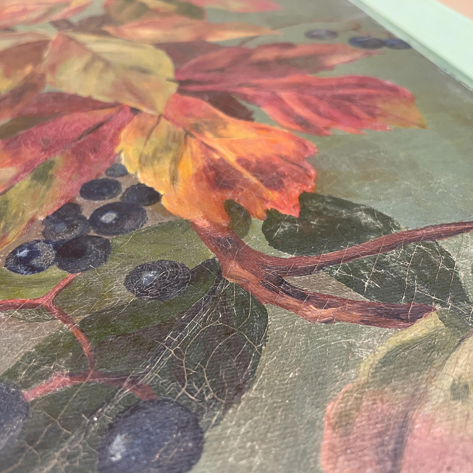 Antique Oil Painting 1912 Signed Gull Leaves Berries Framed Original Autumn Botanical Picture Still Life Art Original Artwork Portrait photo for sale