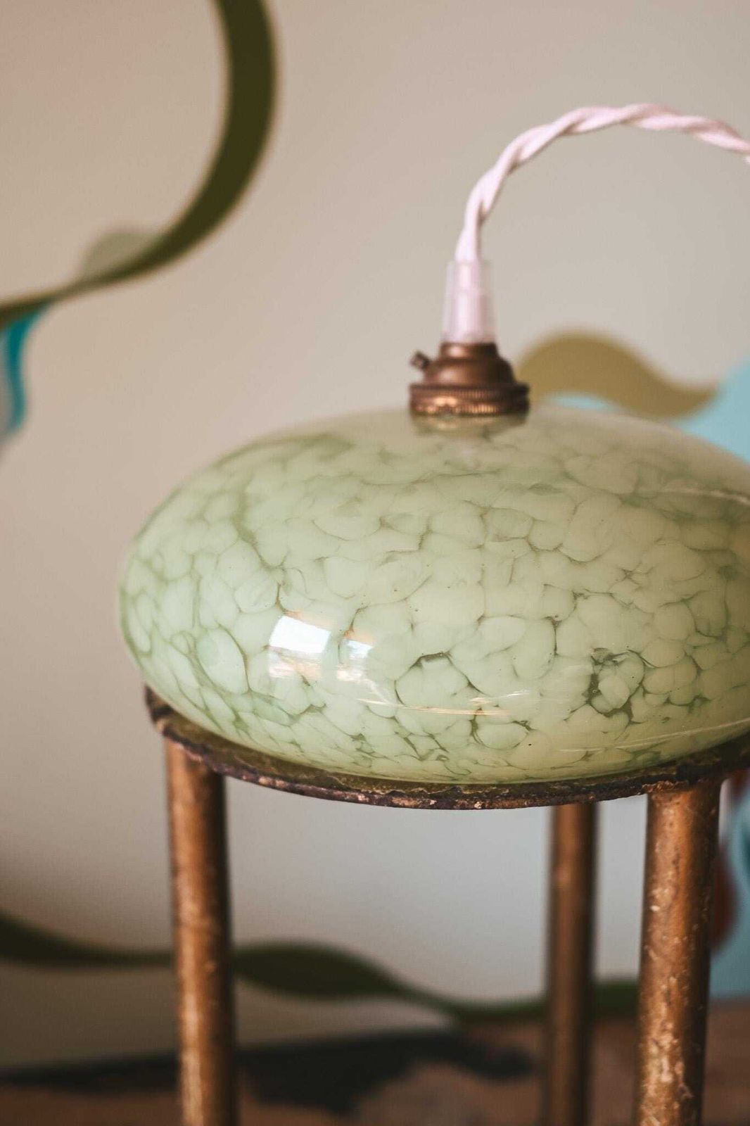 Pair Of 1950s Clichy Glass Pendant Lights   Aqua Green Marbled Glass photo vintage