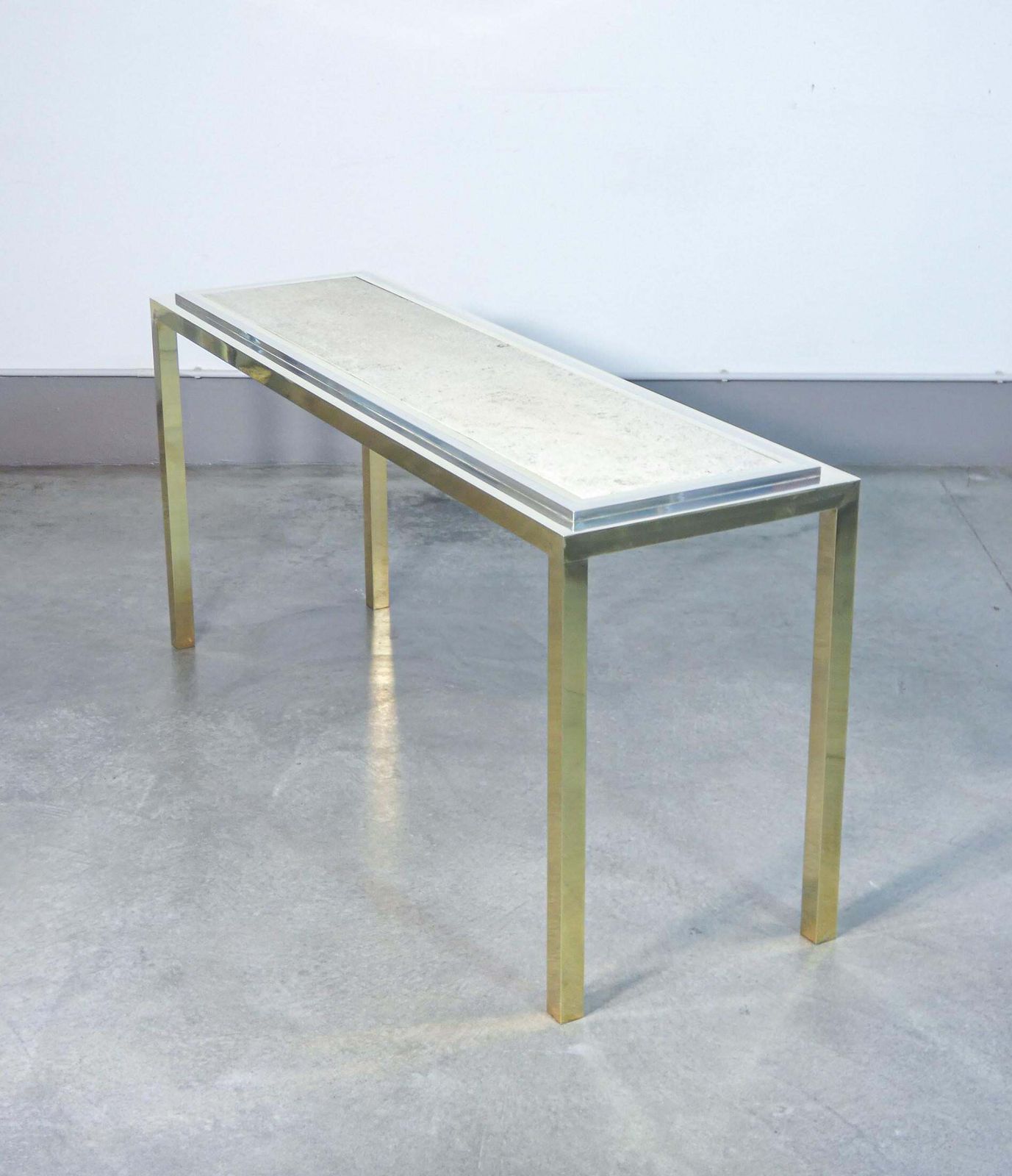 photo for sale Italian Design Console Table, Made Of Chrome Plated Metal With Travertine Top. 1970s