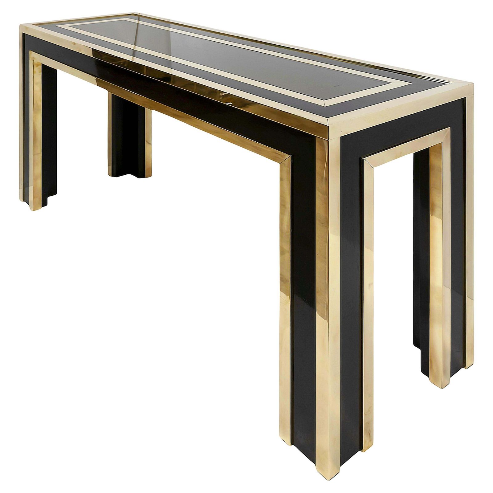 Italian Mid Century Brass, Wood And Glass Console Table