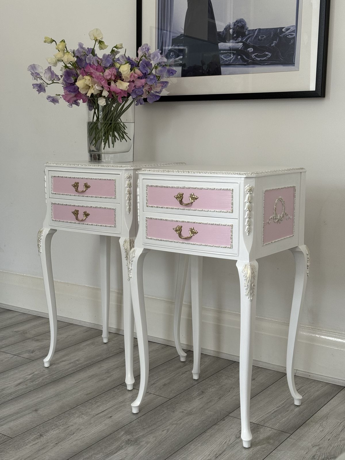 Olympus Bedside Tables, French Style, Side Tables , White And Pink , Hand Painted . photo furniture
