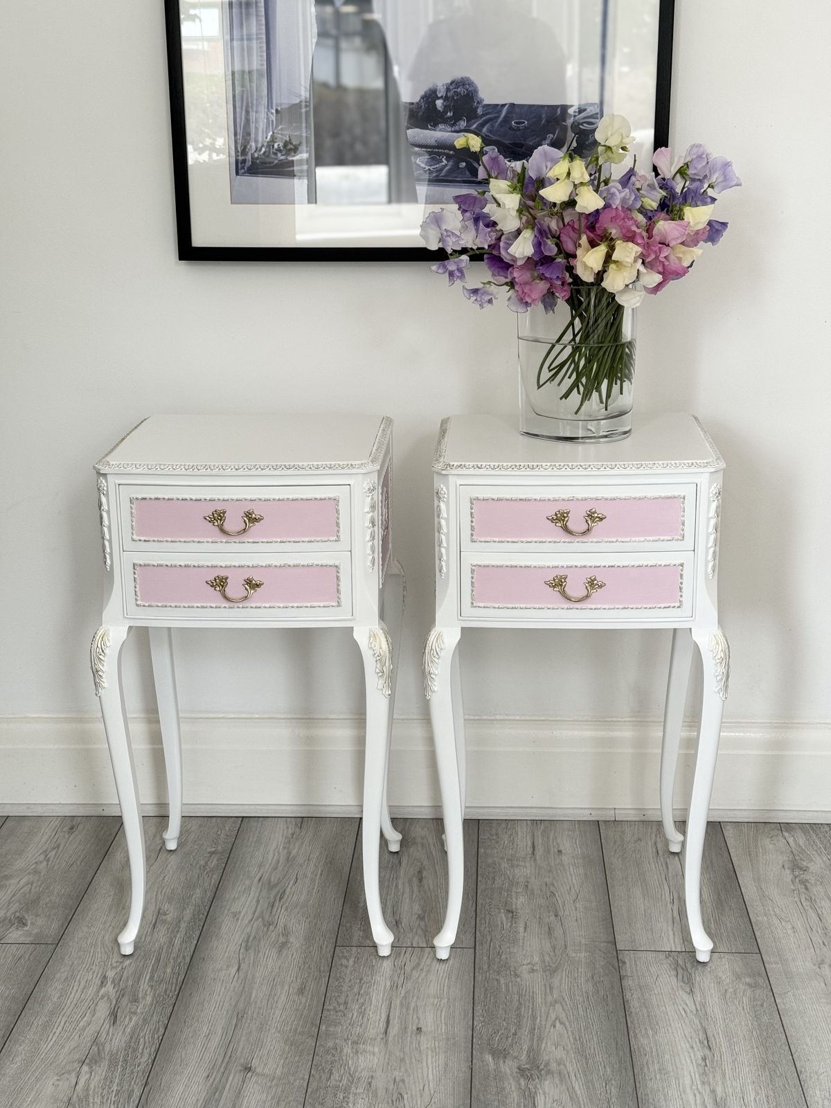 Olympus Bedside Tables, French Style, Side Tables , White And Pink , Hand Painted . photo for sale