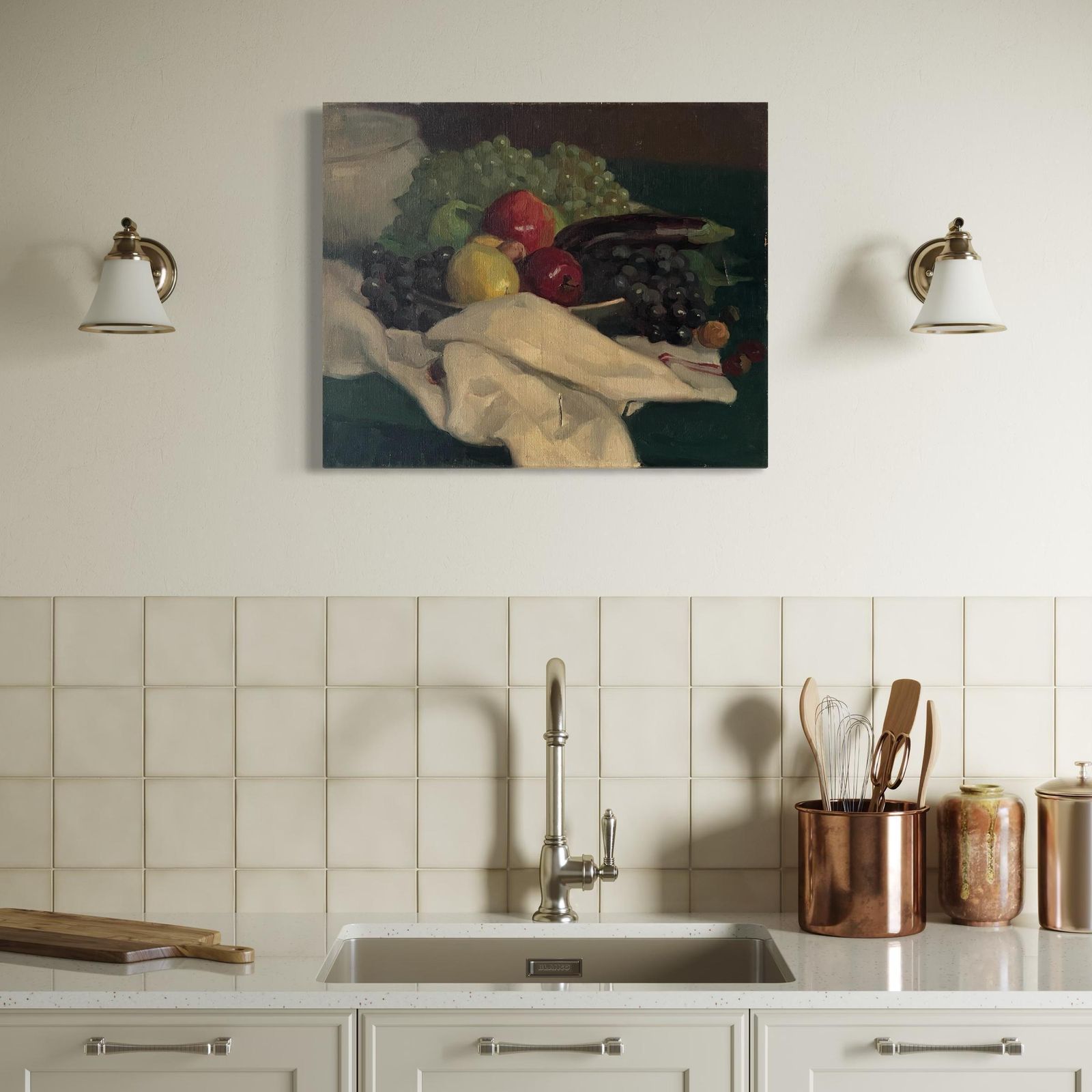 Antique Apples And Grape Still Life Oil On Canvas, French Fruits Vintage Painting, Kitchen Decor photo furniture