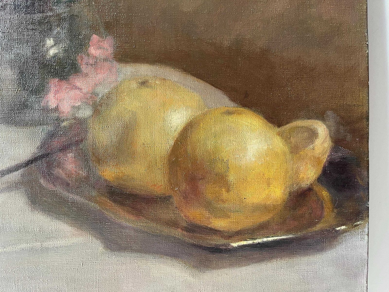 Original 1920's Oil On Canvas "The Grapefruit And The Gladioli", Antique French Signed Painting, Fruits And Floral Still Life photo Art