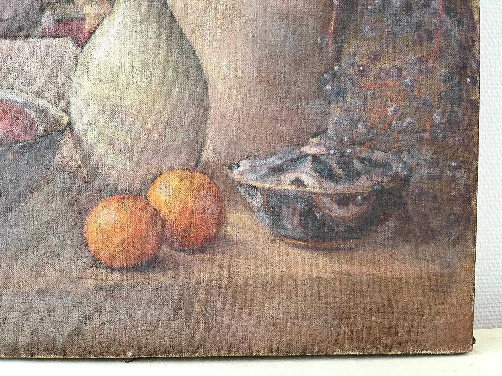 Olieverf Op Doek Uit De Jaren 1940 – "Oranges And Pottery" – Frans Antiek Schilderij, Stilleven Met Fruit En Bloemen photo Kunst