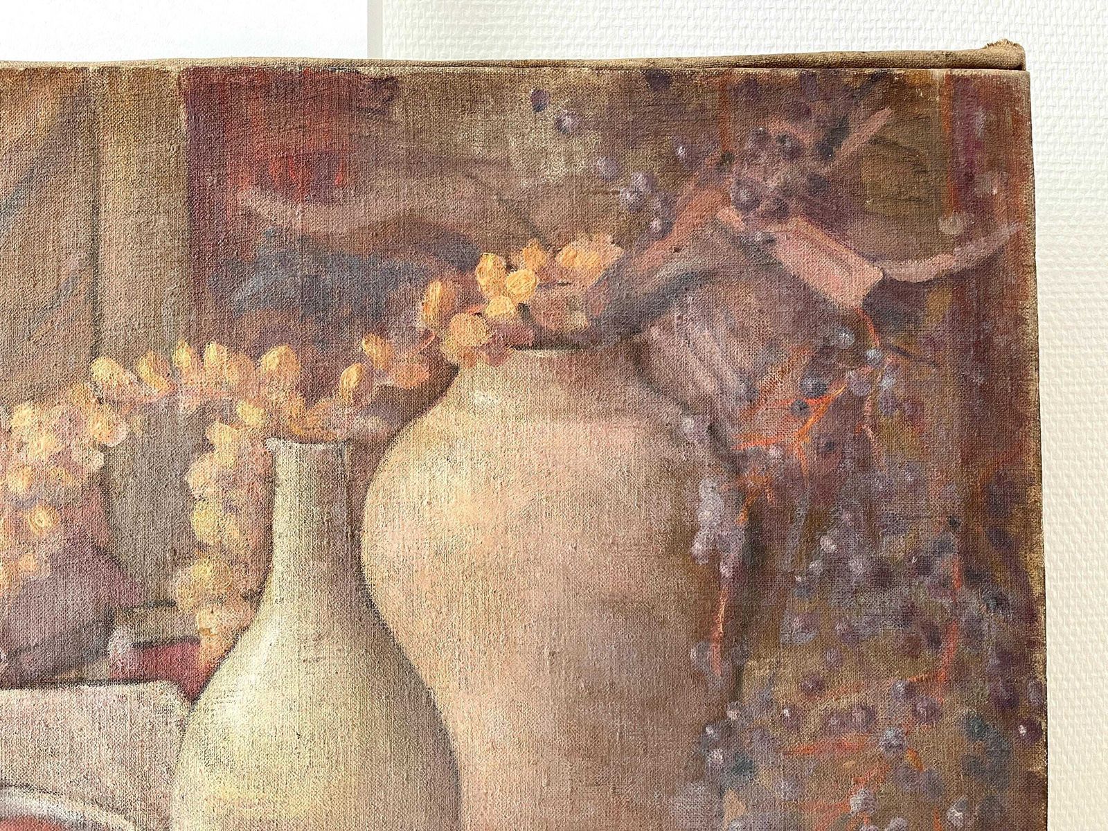 Olieverf Op Doek Uit De Jaren 1940 – "Oranges And Pottery" – Frans Antiek Schilderij, Stilleven Met Fruit En Bloemen photo 472.0