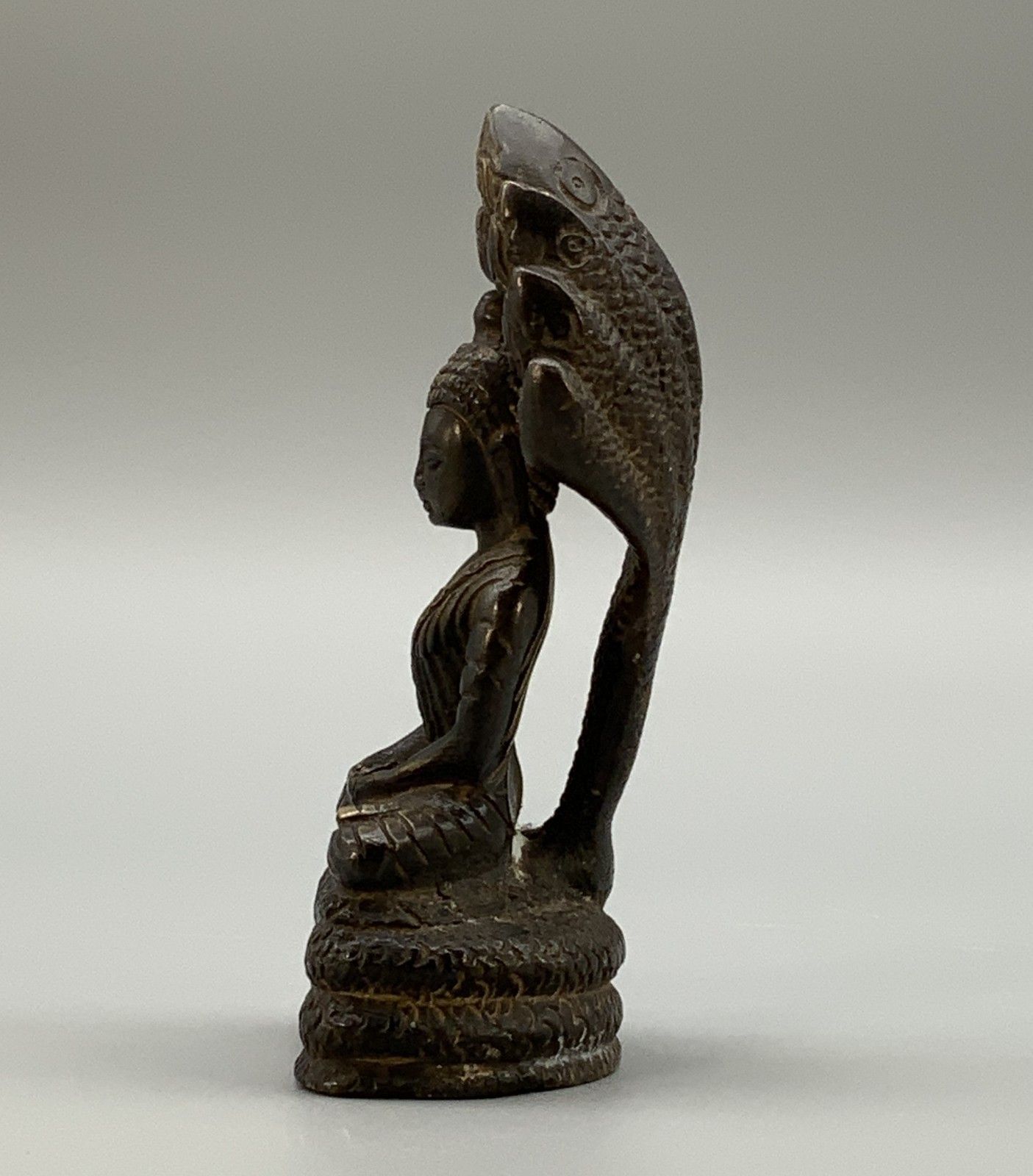 Antique Bronze Buddha Naga King, Mucalinda Sculpture Figurine Statue Early 20thc photo vinterior