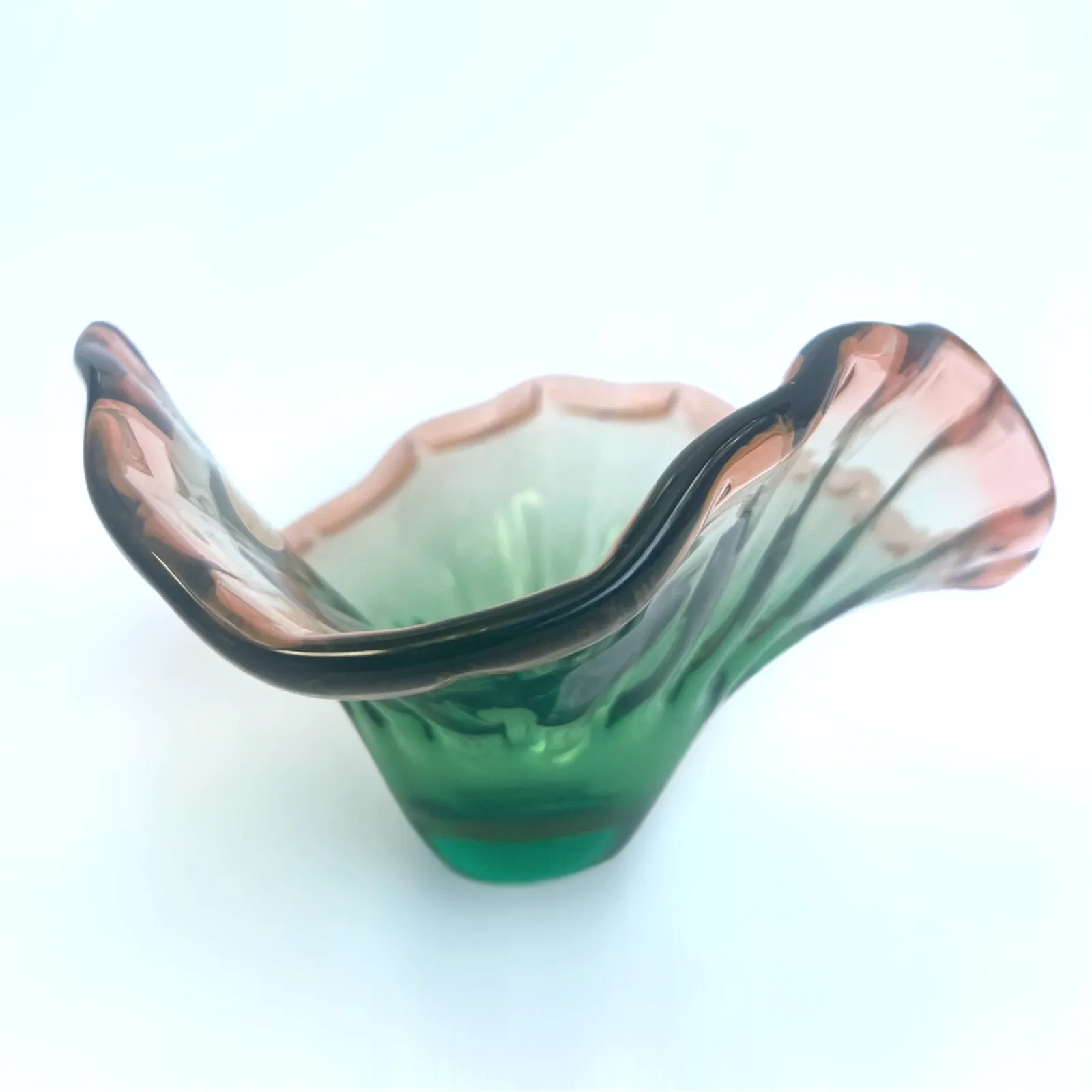 Vintage Murano Cristallo Venezia Ccc, Green/Soft Pink Salmon Sommerso Glass Bowl