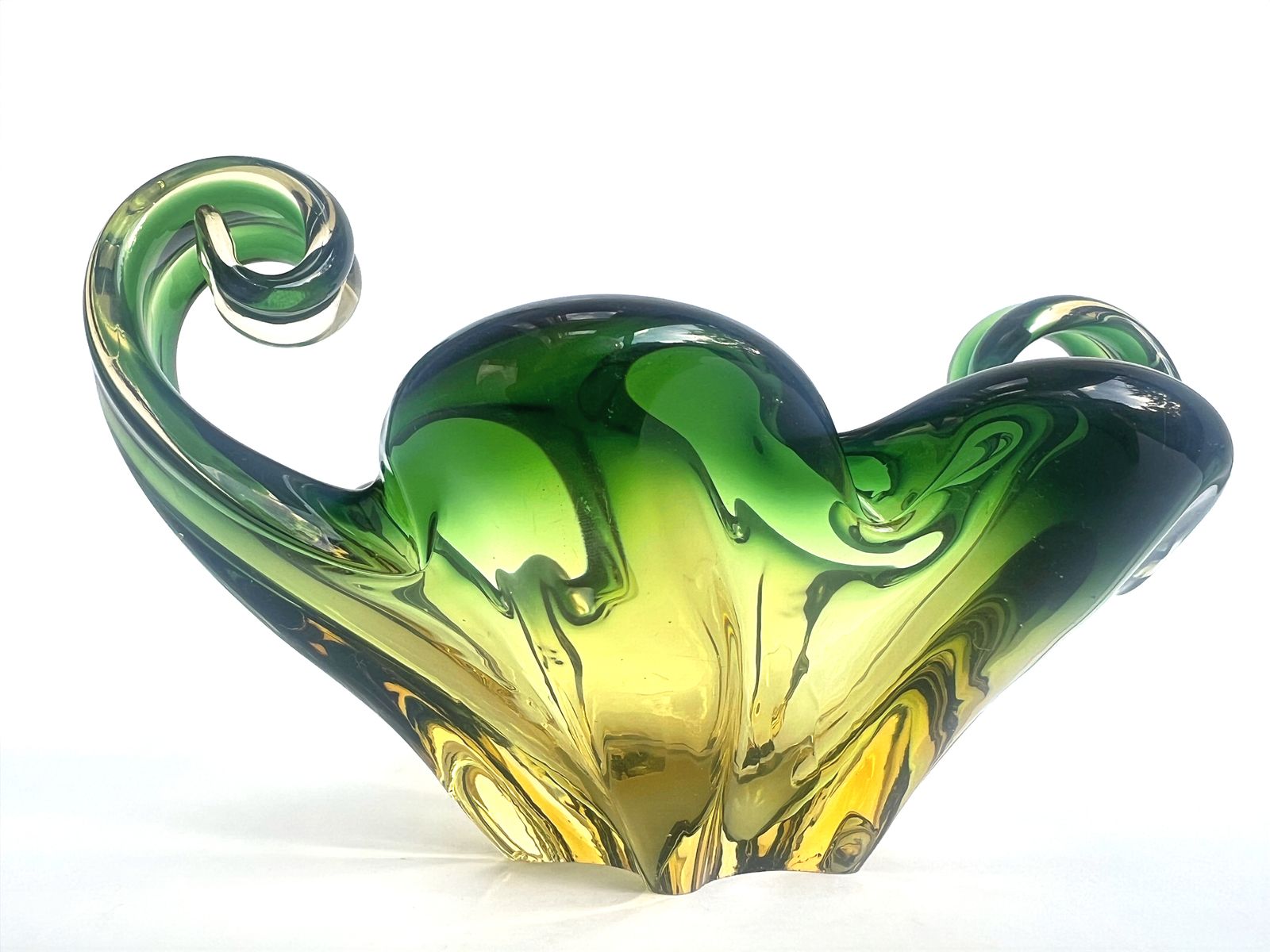 Vintage Murano Cristallo Venezia Ccc, Green/Gold Sommerso Glass Bowl photo for sale