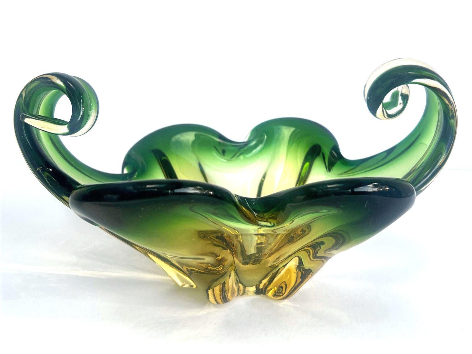 photo vinterior Vintage Murano Cristallo Venezia Ccc, Green/Gold Sommerso Glass Bowl