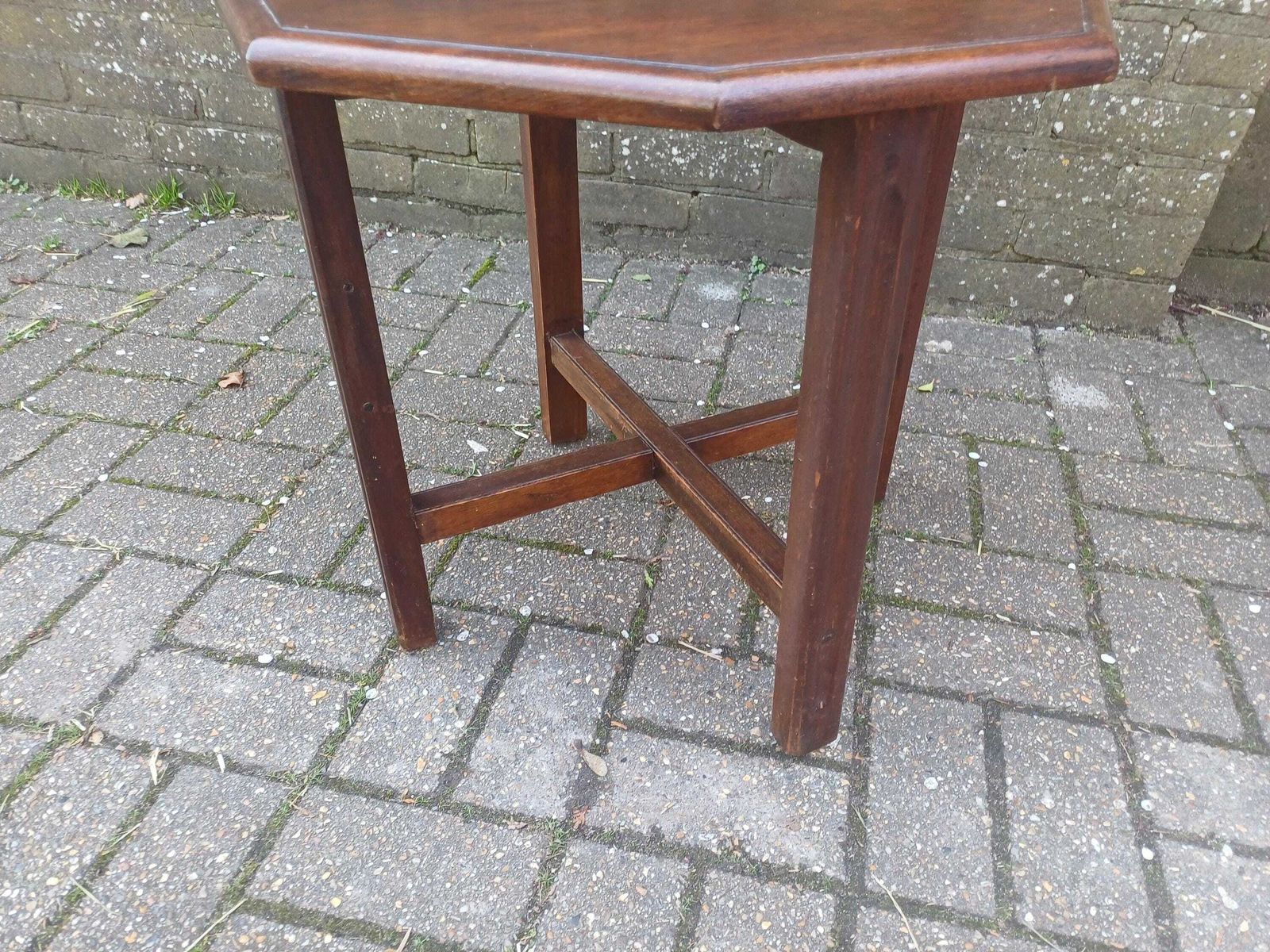 Vintage Retro 1920s–30s Oak Art Deco Occasional Or Coffee Table – Hexagonal Top, Chunky Cross Stretchers, Restored & Polished Finish photo buy