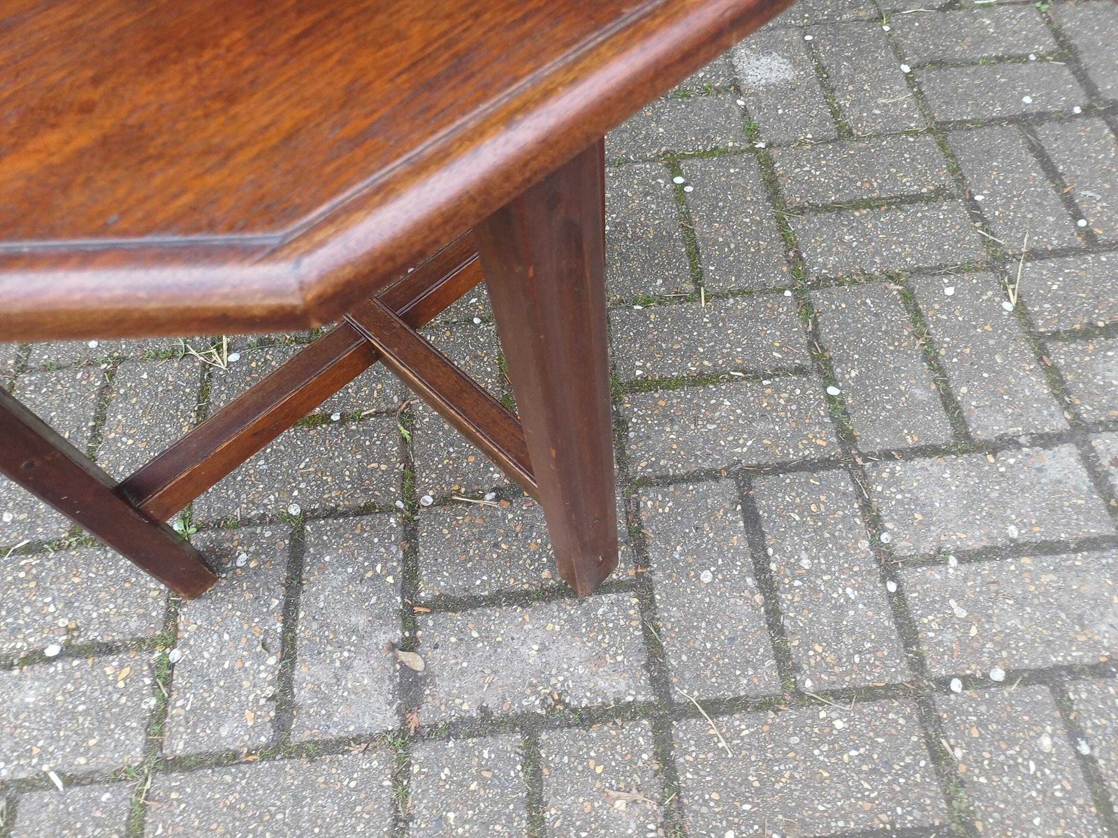 photo for sale Vintage Retro 1920s–30s Oak Art Deco Occasional Or Coffee Table – Hexagonal Top, Chunky Cross Stretchers, Restored & Polished Finish